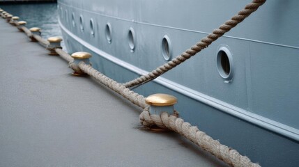 Fototapeta premium Close-up of a rope tied to the side of a large ship. the rope is coiled up in a neat and orderly manner, with small gold-colored bollards attached to it.