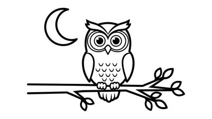 Fototapeta premium Black and white owl outline with moon on branch in minimalist style