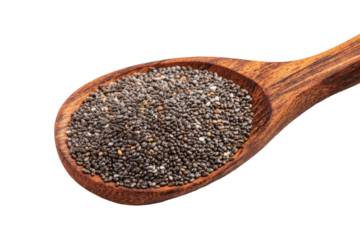 Wooden spoon filled with chia seeds isolated on transparent background. Chia seeds on a wooden spoon healthy superfood isolated on white background.
