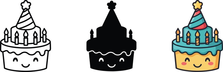 Cute cartoon birthday cake icon set with party hat and candles in various styles