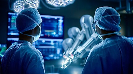 Surgeons performing robotic surgery in operating room controlling medical technology