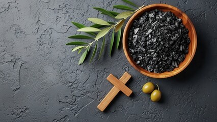 Ash Wednesday Cross, Ash, Olive Branch, and Olives on Dark Background