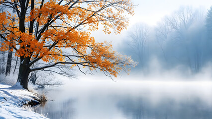 A serene winter landscape with a tree by a foggy lake