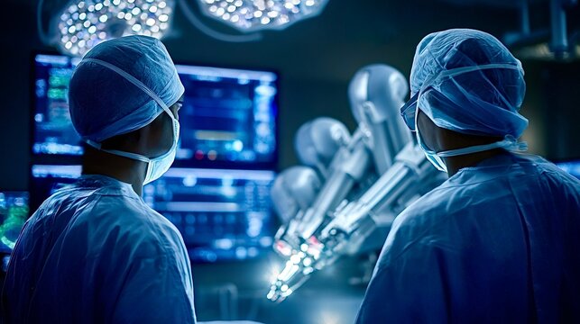 Surgeons performing robotic surgery in operating room controlling medical technology - Powered by Adobe