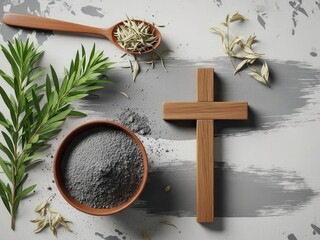 Ash Wednesday Still Life with Cross, Ash, Herbs, and Palm, Symbolic Religious Image