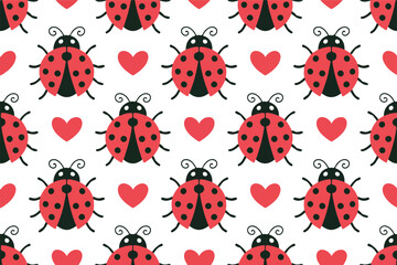 Cute Ladybug Seamless Outline Pattern  Hearts, Flowers, and Cartoon Bugs