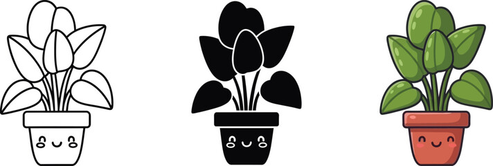 Cute potted houseplant illustration set: outline, silhouette, and colored versions