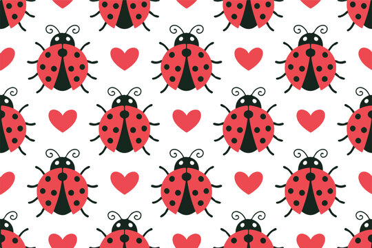 Cute Ladybug Seamless Outline Pattern  Hearts, Flowers, and Cartoon Bugs