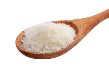 Wooden spoon filled with white granulated rice isolated on transparent background. White long grain rice pile on wooden spoon isolated on white background.