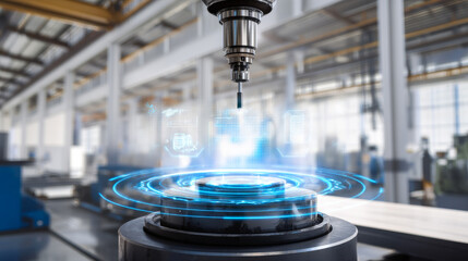 CNC machine in a modern factory setting. A CNC machine operates on a metal part in a brightly lit manufacturing factory.