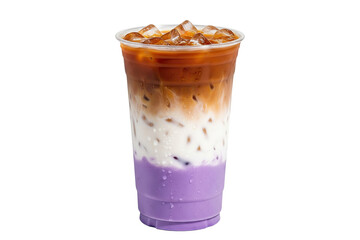 iced ube coffee latte with espresso and purple yam layers in a takeaway cup