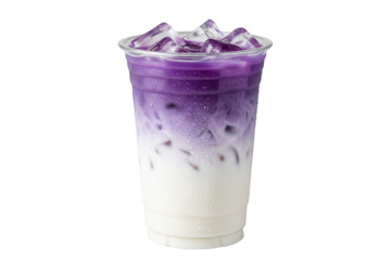 iced ube purple yam latte with fresh milk layers in a takeaway cup