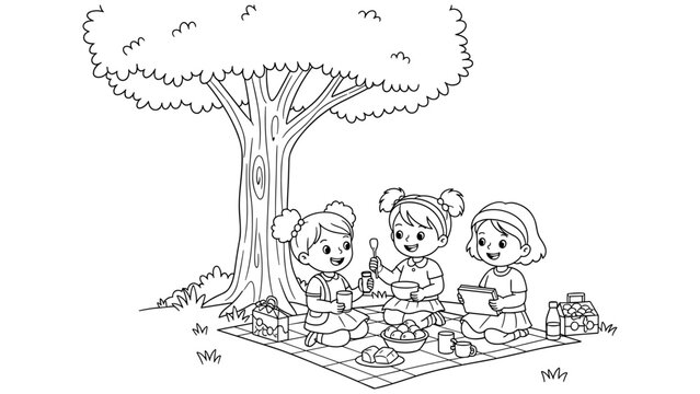 Children's picnic coloring page with friends enjoying outdoor meal under a tree