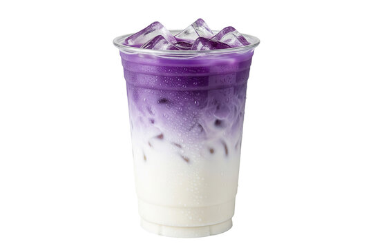 iced ube purple yam latte with fresh milk layers in a takeaway cup