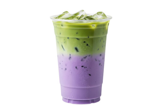 iced matcha ube latte with green tea and purple yam layers in a takeaway cup
