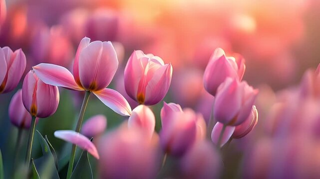 Spring booming. Life. New hope. Season. A closeup of a field of pink tulips during what appears to be the golden hour. The tulips are in full bloom, with their petals illuminated by the sun.