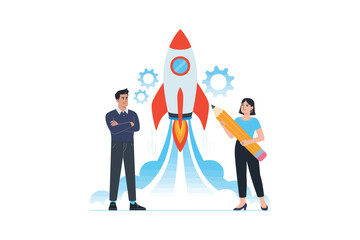 Two people standing by a cartoon rocket with gears and clouds startup business team
