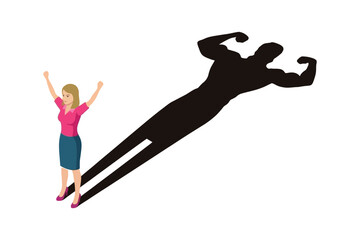 Woman standing next to giant shadow of strong bodybuilder on white background muscle fitness