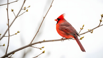 A vibrant cardinal perched on a tree branch in early spring