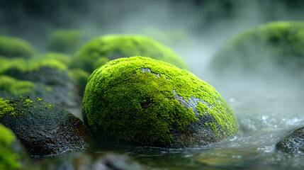 Ultra HD Vibrant green mosscovered rocks partially submerged in a misty, flowing stream, creating a serene and mystical natural landscape image