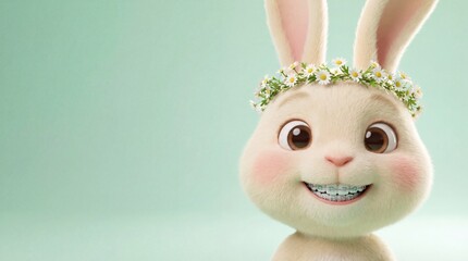 A fluffy 3D rabbit with a daisy crown and visible braces on a friendly smile emerges from the bottom right on a solid mint background under soft high-key studio lighting