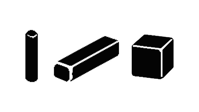 Pixel art geometric shapes: cylinder, prism, and cube in black and white
