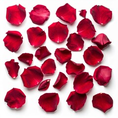 Fototapeta premium Scattered Crimson Rose Petals on Seamless White Background Flat Lay