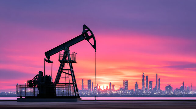 Sunset over oil pump and city skyline. An oil pump works under a colorful sunset with buildings in the background. - Powered by Adobe