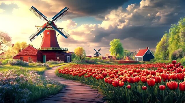 Spring booming. Life. New hope. Season. A vivid, digitally rendered landscape featuring a picturesque countryside scene with a redroofed house and a windmill.