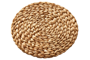 Round woven natural fiber placemat isolated on transparent background. Woven round placemat from natural material texture isolated on white background.