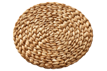 Round woven natural fiber placemat isolated on transparent background. Woven round placemat from natural material texture isolated on white background.