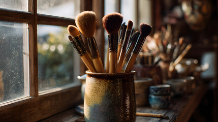 Ultra HD Artistic paintbrushes in a rustic ceramic pot on a wooden windowsill, bathed in warm sunlight, evoking creativity and art image