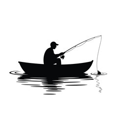 Naklejka premium man sitting in a boat fishing with a rod and line in water