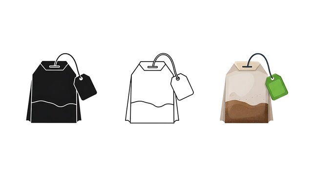 Three tea bag vector illustrations showing different artistic styles on a white background