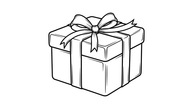 Elegant gift box with ribbon in black and white line art style