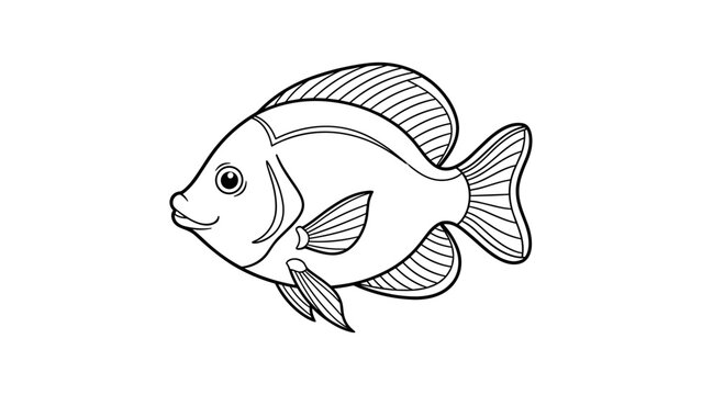Black and white fish outline drawing of a tropical fish for coloring books