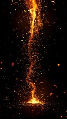 Golden Particle Stream Rising on Black Background with Fiery Glow