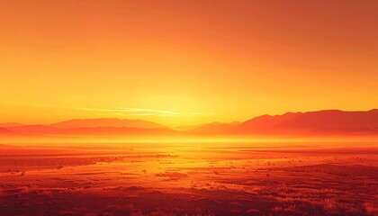 Fototapeta premium Vibrant Orange Hues Landscape Featuring Silhouetted Hills and Vast Plains at Sunrise