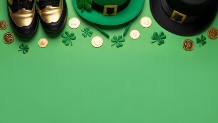 St patrick's day celebration with green hat gold coins and lucky charms