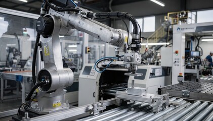 Robotic Arm in Automated Manufacturing Facility with Machinery