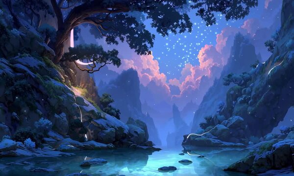 A breathtaking fantasy landscape featuring a serene river flowing through majestic mountains with a glowing waterfall and twinkling sky.
