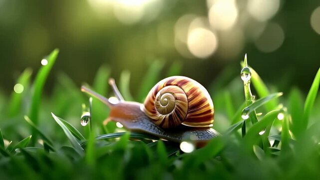 Spring booming. Life. New hope. Season. A closeup of a snail on grass with dewdrops, set against a bokeh background. The snail is positioned in the center of the image.