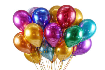 Large bunch of colorful metallic balloons isolated on transparent background. Colorful metallic balloons floating in a bunch party theme isolated on white background.