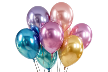 Bunch of colorful metallic balloons isolated on transparent background. Bunch of shiny chrome balloons in various colors isolated on white background.