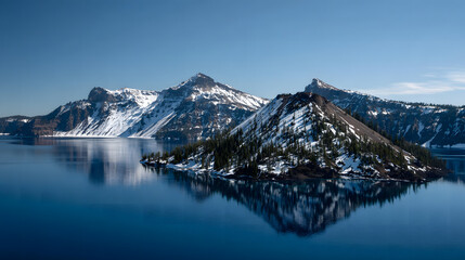Ultra HD Crater lake national park with wizard island and snowcapped mountains reflecting in the deep blue water under a clear sky, oregon, usa image
