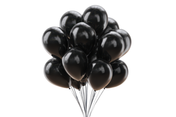 Cluster of glossy black balloons isolated on transparent background. Bunch of black balloons floating in air isolated on white background.