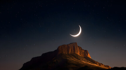 Ultra HD Crescent moon shining brightly over a majestic mountain under a starry night sky, celestial beauty and serene landscape image