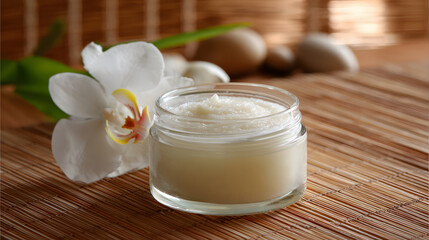Ultra HD Natural beauty cream in a glass jar with a delicate white orchid flower on a warm wooden background, symbolizing spa and wellness image