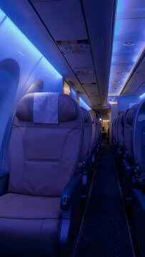 Vertical video: Shot starting, camera pulling back showing left tan seat by oval windows, blue LEDs