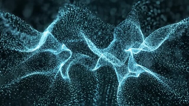 Mesmerizing blue particle field undulating and flowing in a complex, multi-layered digital abstract background, creating a futuristic and dynamic energy wave pattern